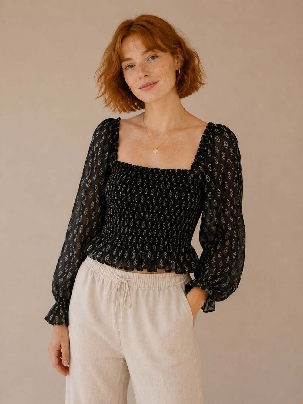 Patrons of Peace Black Paisley Smocked Long Sleeve Peplum Top Size S